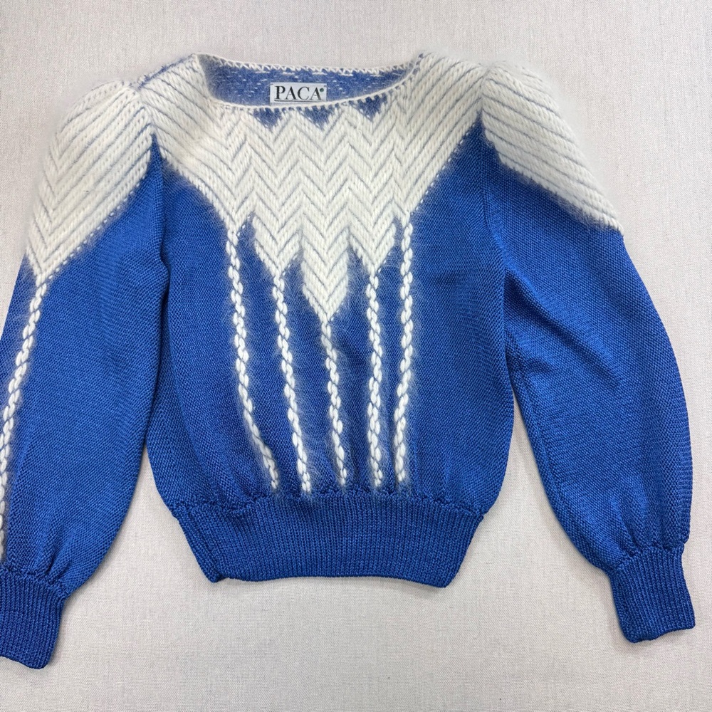 PACA Vintage Sweater S Blue White Mohair Blend Chevron Cable Knit Puff Sleeve